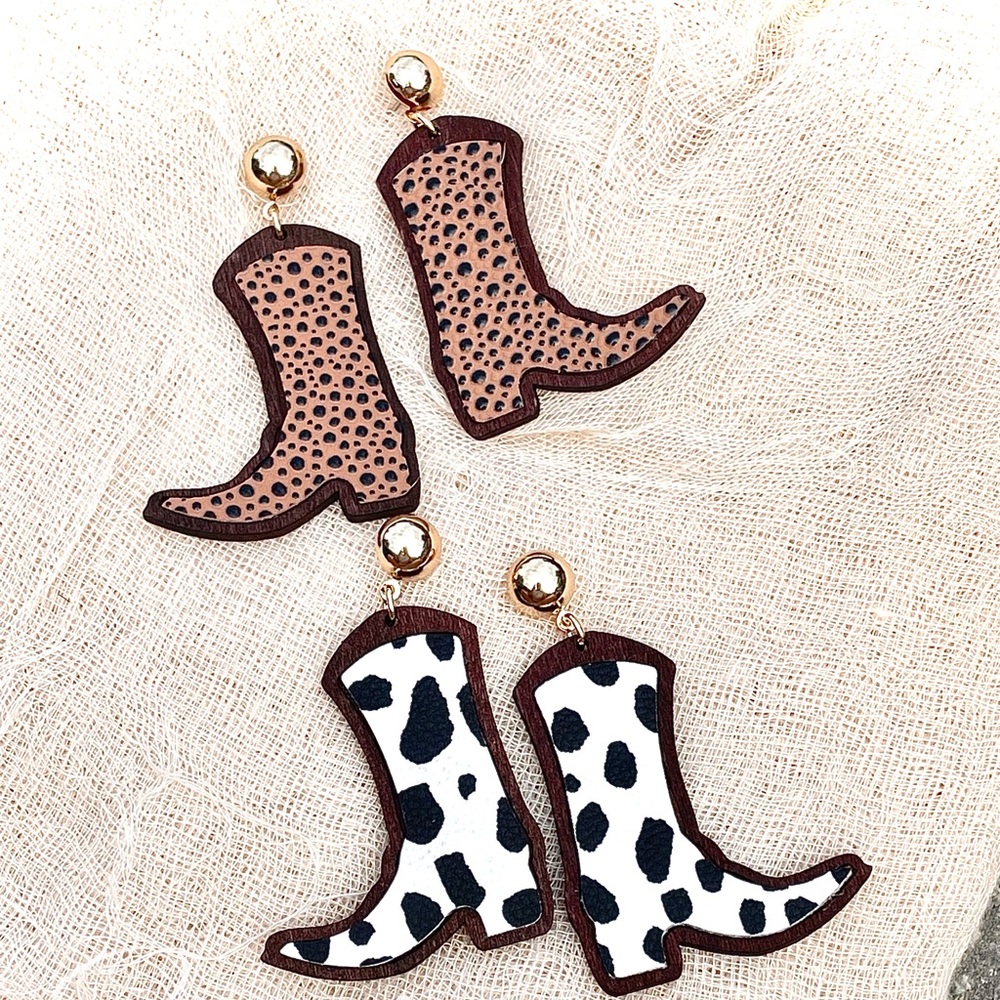 Wood & Leather Western Boots Dangle Earrings